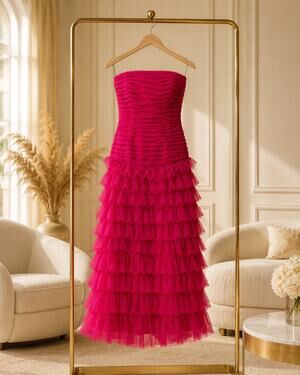 Tadashi Collection Fuchsia Tiered Ruffle Gown Size 10 Strapless Formal Dress